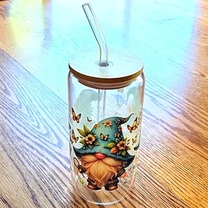 NWOT Handmade Blue Whimsical Gnome Glass Tumbler with Glass Straw